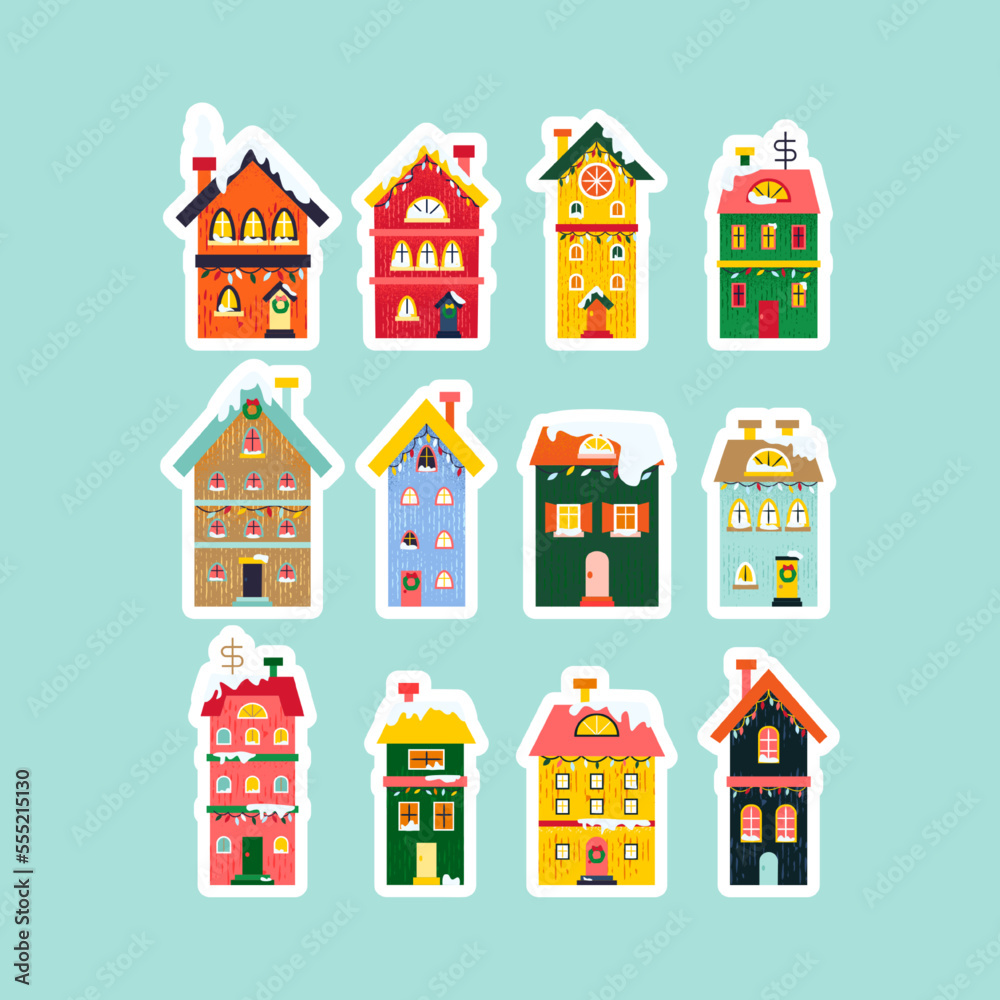 Winter Houses Sticker Set. Vector Illustration of Seasonal Greetings. Holiday Celebration.
