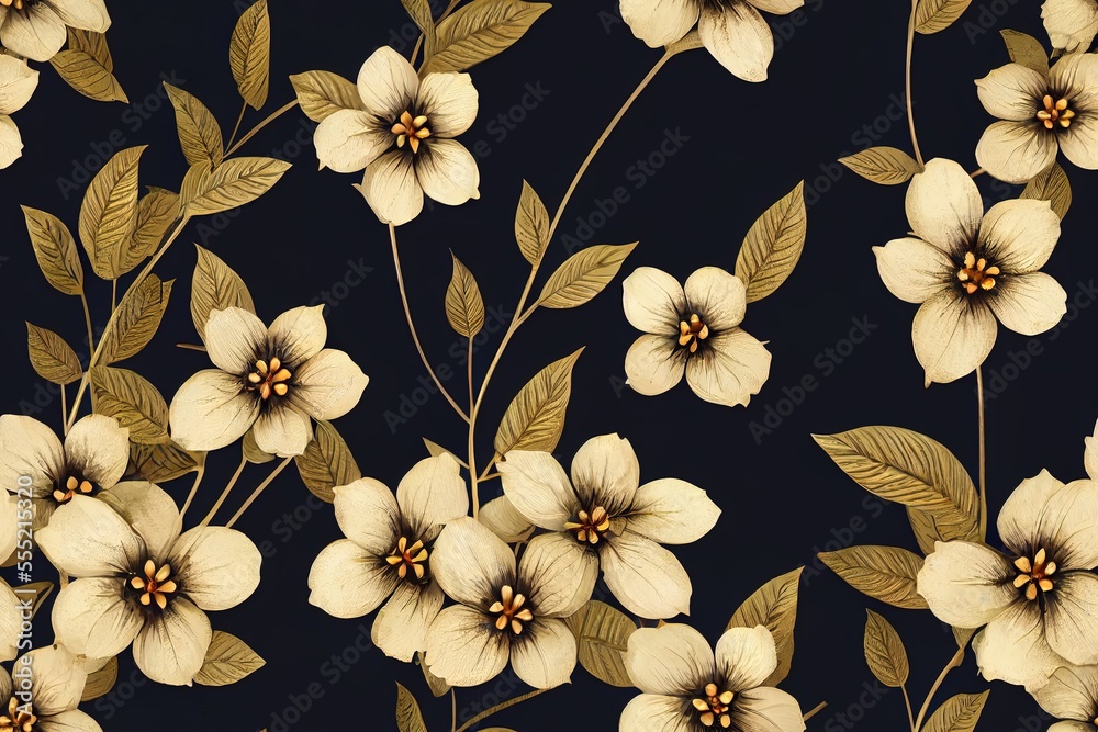 Seamless floral pattern with a vintage hydrangea flower bouquet, leaves, and fireflies. Generative AI