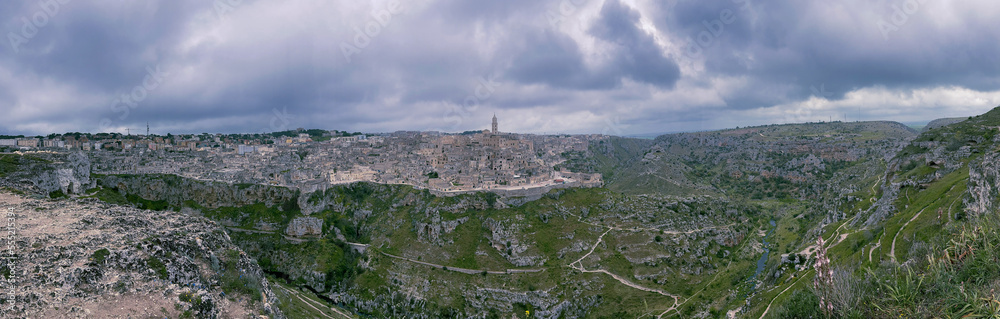 Panoramic view of ancient cave dwellings, the Sassi in the town of Matera in Basilicata in southern Italy