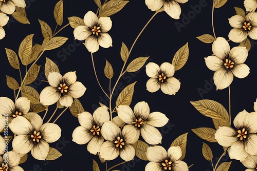 Seamless floral pattern with a vintage hydrangea flower bouquet, leaves, and fireflies. Generative AI