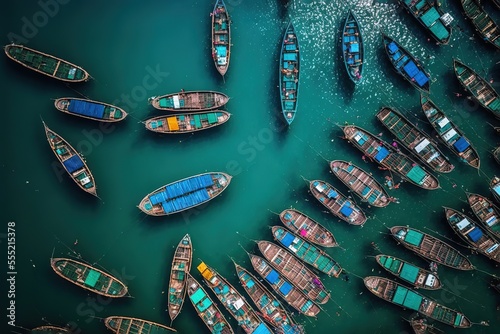 Aerial view of fishermen's boats in the bay stock photo Vietnam, Fishing Industry, Fishing, Asia, Ship © Rarity Asset Club