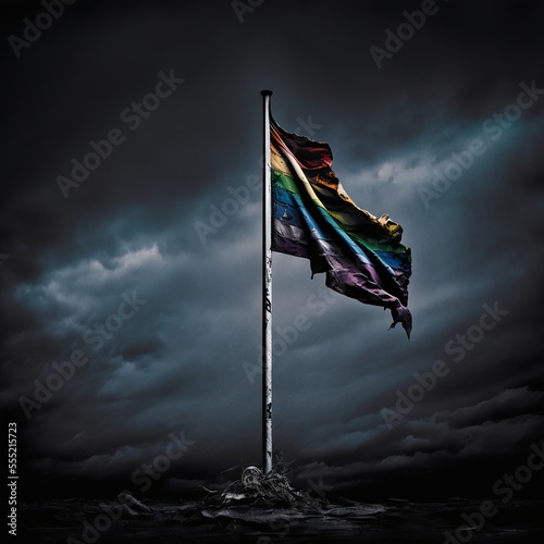 Tattered rainbow flag dark sky created with AI