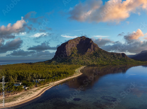 South coast of Mauritius island. Le morne brabant mountain and curving coast with white sand.