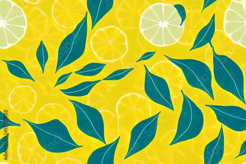 Lemons in pastels with blue foliage on a sunny yellow background. Generative AI