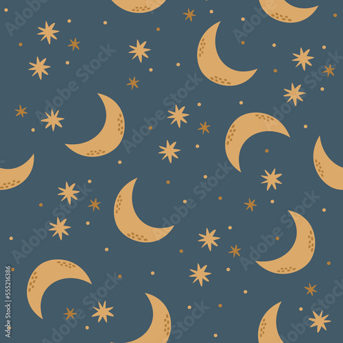 Seamless vector pattern. Moon, crescent moon and stars. Magical background, night sky 