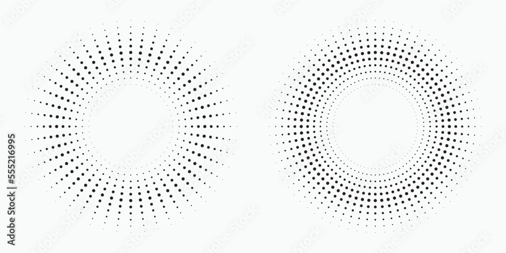 Radial halftone dots in Circle Form. Dotted fireworks explosion background. Starburst round Logo. Circular Design element. Abstract Geometric star rays.