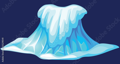 Frozen ocean high wave in north. Blue tsunami, sea storm, splash water in winter. Ice age. Aftermath of natural disaster. Vector isolated illustration.