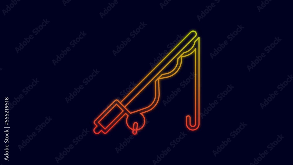 Glowing neon line Fishing rod icon isolated on blue background. Catch a big fish. Fishing equipment and fish farming topics. 4K Video motion graphic animation Glowing neon line Fishing rod icon isolated on blue background. Catch a big fish. Fishing equipment and fish farming topics. 4K Video motion graphic animation
