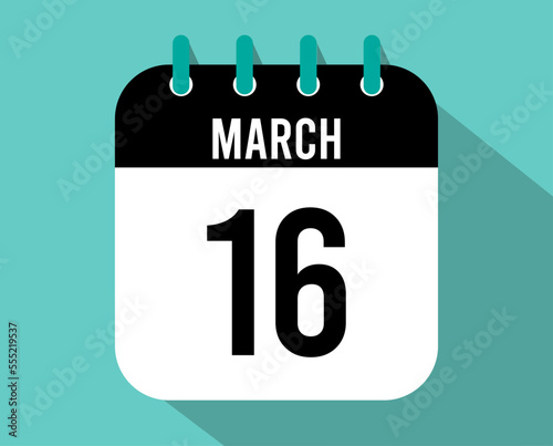 16 March calendar icon. Vector black for the month of March with shadow effect