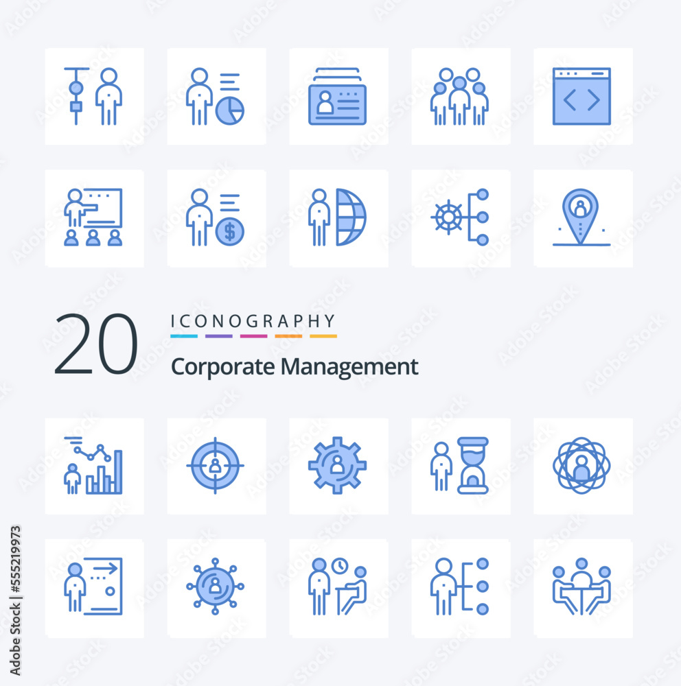 20 Corporate Management Blue Color icon Pack like person development management recruitment marketing