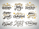 Merry Christmas set 2023 Happy New Year, typography lettering badge emblems quotes set collection. Vector logo design for postcard, invitation, greeting card, poster, gift.