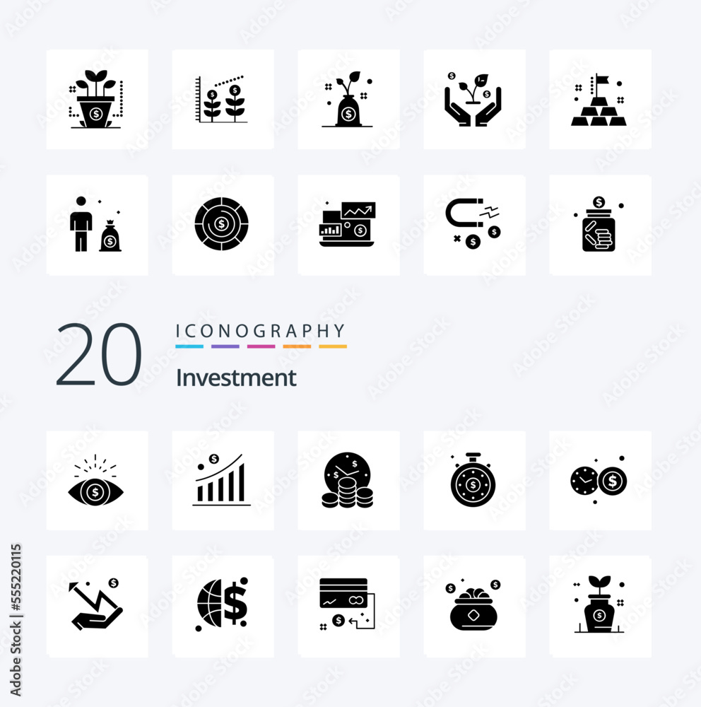 20 Investment Solid Glyph icon Pack like statistic graph investment hand investment time