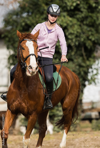 Female athlete rides a horse on open manege