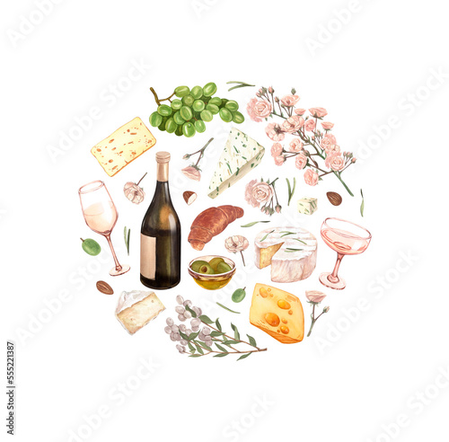 Watercolor wine and cheese frame template. Hand draw round card background with food objects on isolated white. White wine bottle and glass and glass,olive, green grapes, cheeses and flowers