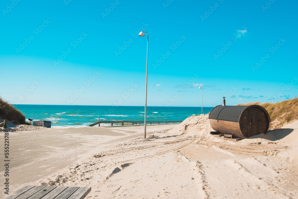 Sauna in the beach with blue ocean background in Hirtshals, Denmark Stock  Photo | Adobe Stock