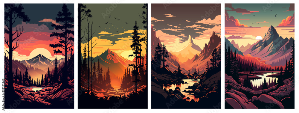 Set of mountains landscape at sunset vector illustration - obrazy, fototapety, plakaty 