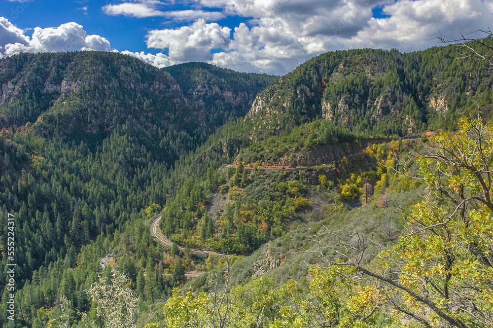 Arizona State Route 89A, just south of Flagstaff,  descends through Oak Creek Canyon toward Sedona, AZ.