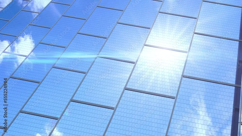 Close-up of the surface of blue photovoltaic solar panels, with beautiful sky time lapse reflection Production of renewable energy concept. Videos loop Close-up of the surface of blue photovoltaic solar panels, with beautiful sky time lapse reflection Production of renewable energy concept. Videos loop
