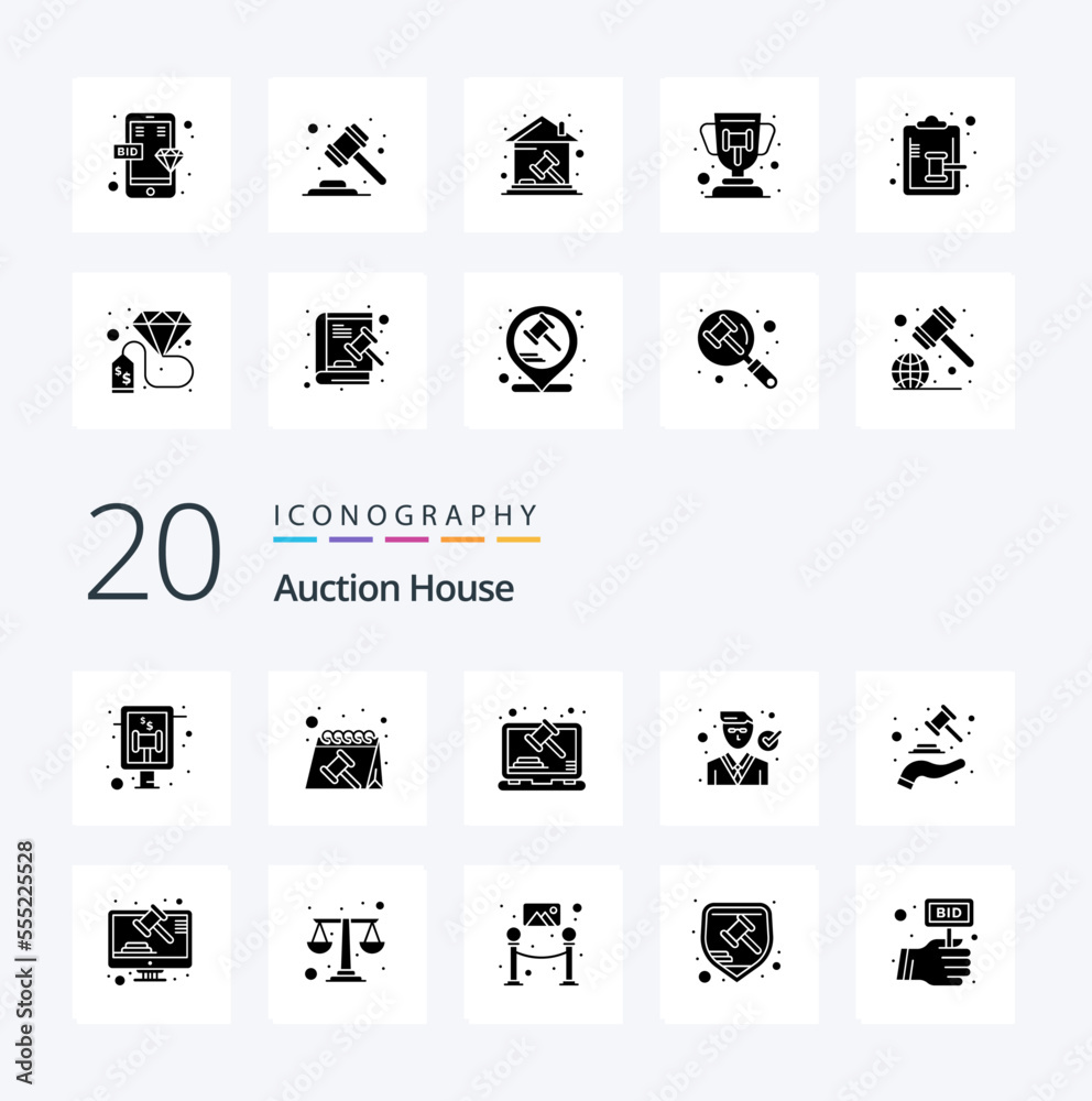 20 Auction Solid Glyph icon Pack like hand lawyer law law judge
