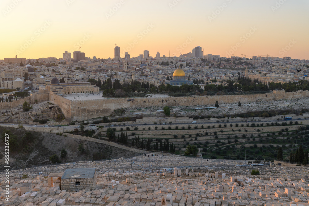 Landscape view of Old City of Jerusalem, view from Olive mount in Jerusalem