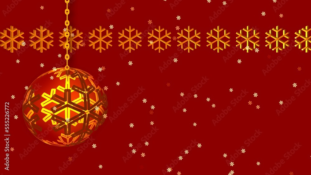 Golden Christmas bauble decoration on red background with snowflakes 