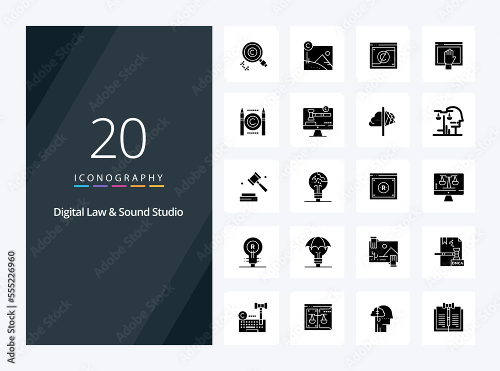 20 Digital Law And Sound Studio Solid Glyph icon for presentation