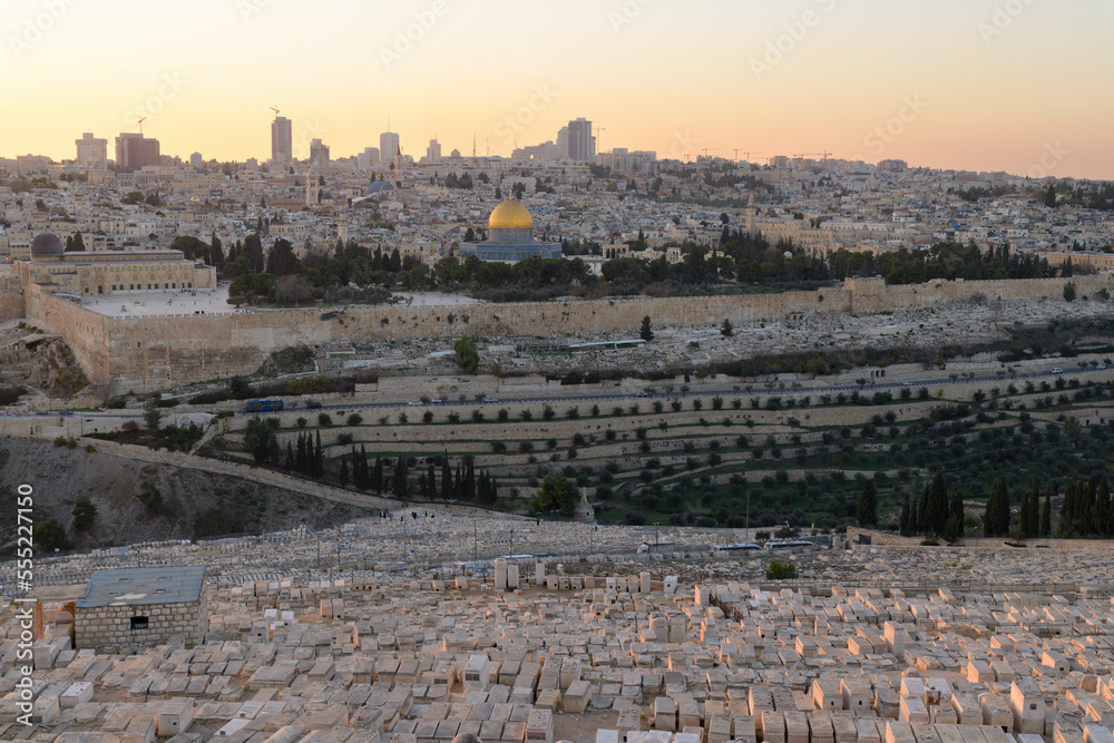 Landscape view of Old City of Jerusalem, view from Olive mount in Jerusalem
