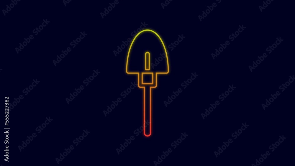 Glowing neon line Shovel icon isolated on blue background. Gardening tool. Tool for horticulture, agriculture, farming. 4K Video motion graphic animation Glowing neon line Shovel icon isolated on blue background. Gardening tool. Tool for horticulture, agriculture, farming. 4K Video motion graphic animation