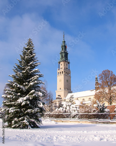Christmas tree in front of Jasna Gora. Snow. Winter landscape of Częstochowa.