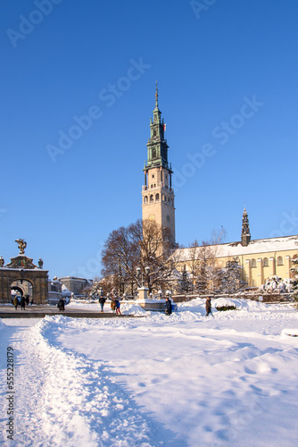 Jasna Góra Monastery in winter. Snow. Winter landscape of Częstochowa.