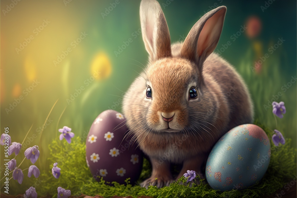 Fototapeta premium Cute Easter Egg Bunny and Painted Easter Eggs in Nature