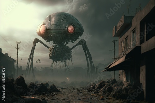 Generative ai, Generative, Ai, Future civilisation with alien life form and technology, robot in a shape of spyder,, war of the worlds, survival of the species.