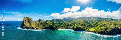 Lush foliage on the North side of West Maui, with a view of the isolated picturesque community of Kahakuloa, Hawaii, USA; Kahakuloa, Maui, Hawaii, United States of America