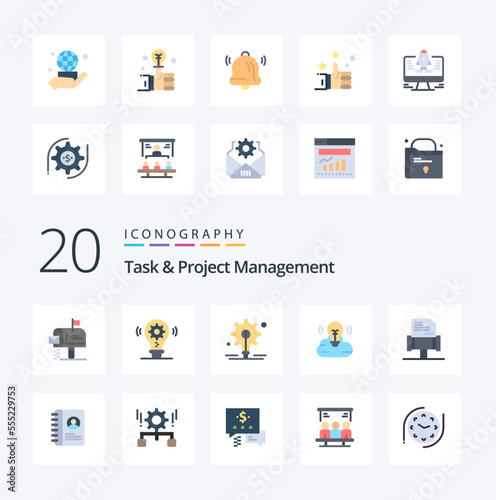 20 Task And Project Management Flat Color icon Pack like rules book bulb creative campaign campaign
