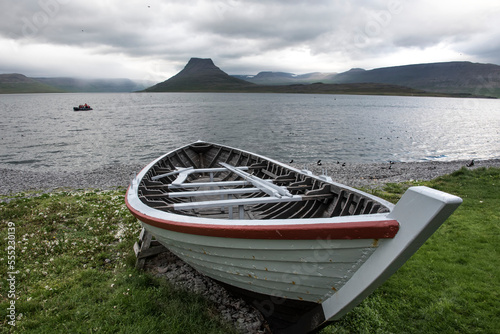 Beached Nordic clinker on the grassy shoreline of Vigur Island with a flat-topped mountain peak in the background; Vigur Island, Isafjardardjup Bay, Iceland