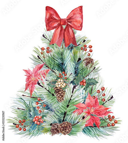 Watercolor Christmas and New Year`s composition. Hand-painted composition with poinsettia flowers, berries, cones, holly, bells, a bow, and pine branches on transparent background. © OG Art Shop