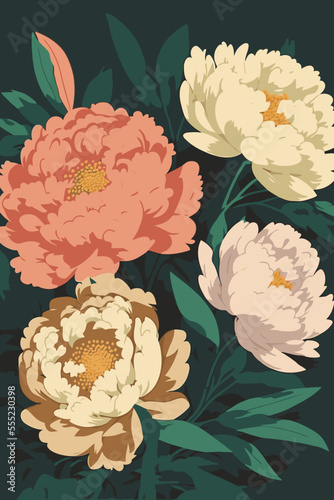 peonies and wild flowers botanical natural peony Illustration background