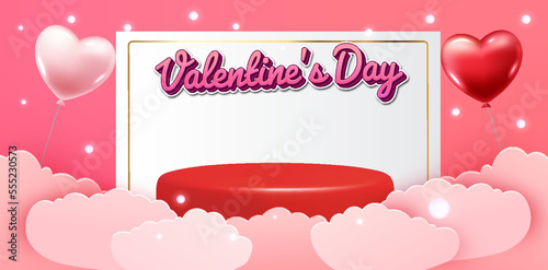 Minimal abstract product background for Valentine, Podium with pink clouds and heart balloons on pink background. 3d render. stage for product design.