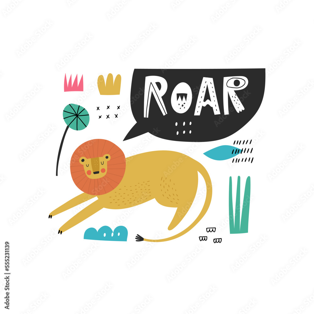 Hand drawn cartoon lion character and Roar lettering word in speech bubble