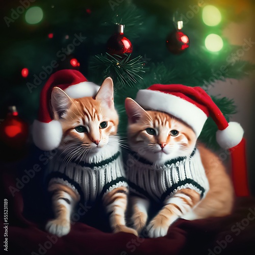 A pair of cute furry kittens dressed in winter sweaters and pom-pom hats pose under a Christmas tree. Digital paitning. Generative AI illustration.