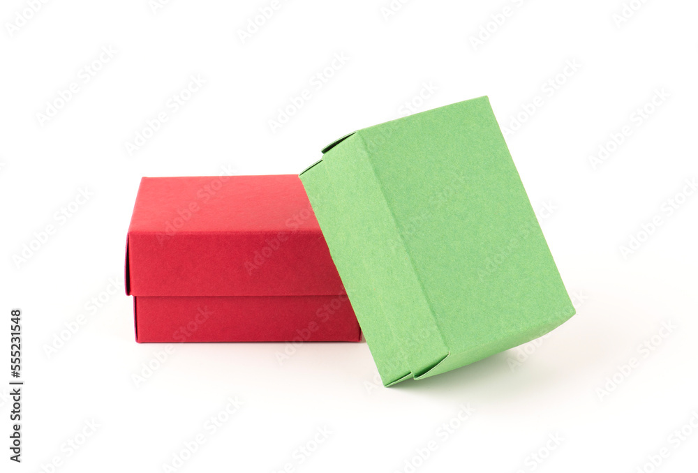 Fototapeta premium Christmas gift boxes isolated on white background. Green and red paper box.