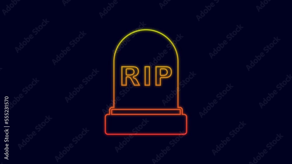 Glowing neon line Tombstone with RIP written on it icon isolated on blue background. Grave icon. Happy Halloween party. 4K Video motion graphic animation Glowing neon line Tombstone with RIP written on it icon isolated on blue background. Grave icon. Happy Halloween party. 4K Video motion graphic animation
