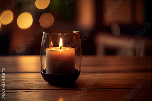 Candle lit on a wooden tabletop with blurred cozy background, generative AI