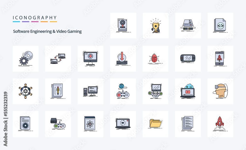 25 Software Engineering And Video Gaming Line Filled Style icon pack
