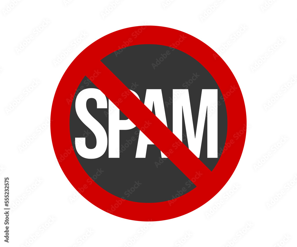 Isolated white text, Spam, under a red stop sign outline, gray background.
Isolated white text, Spam, under a red stop sign outline, gray background.