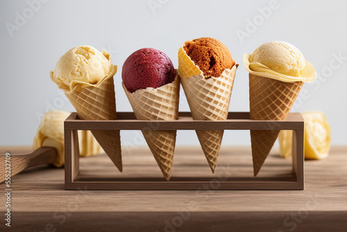 photo of a row of ice cream covered in sprinkles cones sitting on top of a table - AI Generated