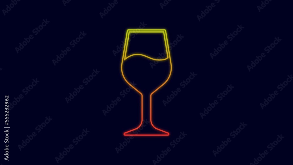 Glowing neon line Wine glass icon isolated on blue background. Wineglass sign. 4K Video motion graphic animation Glowing neon line Wine glass icon isolated on blue background. Wineglass sign. 4K Video motion graphic animation
