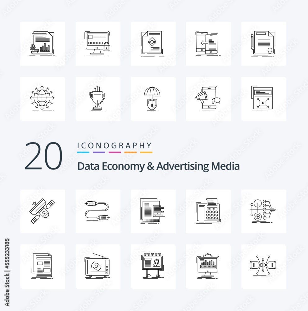20 Data Economy And Advertising Media Line icon Pack like telephone fax marketing valuation graph