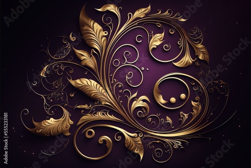  a purple and gold background with a swirly design on it's side and a gold swirl on the side. Generative AI