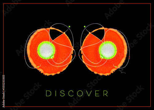 Motivational Art, two ink blot creations in red, green and black with the word 'Discover'; Artwork
